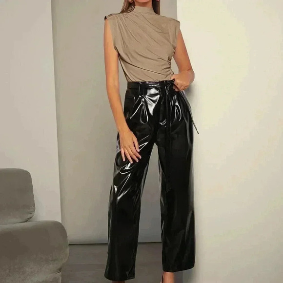 Khaki Elegant Women's Mock Neck Ruched Tank Top Workwear - Picture 6 of 6